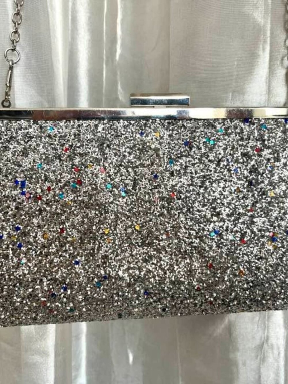INC Silver Glitter Clutch Shoulder Bag Glam Festive